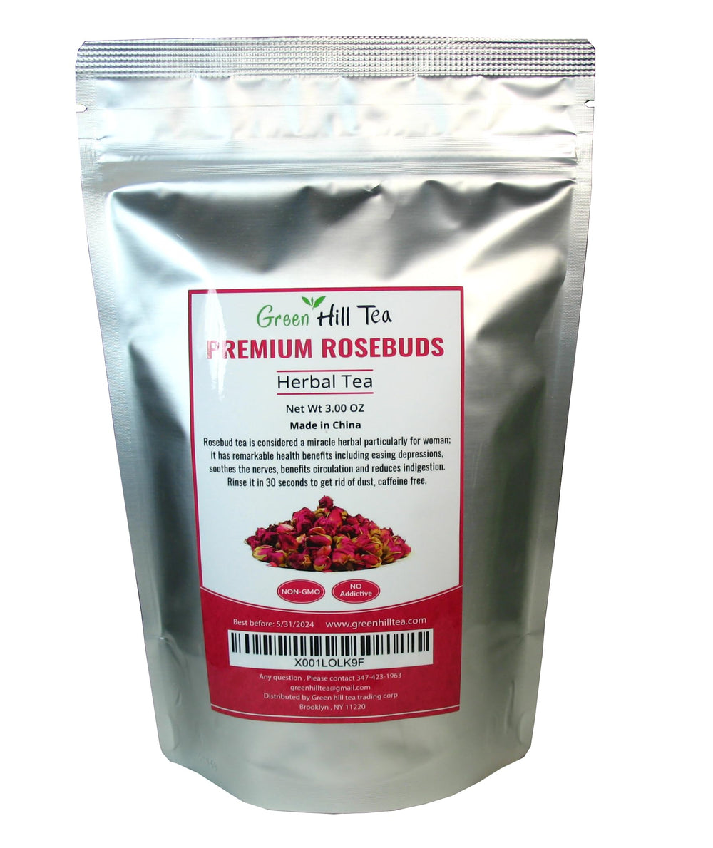 Greenhilltea Premium Dried Rose Buds packaging and label shown for easy shelf storage.