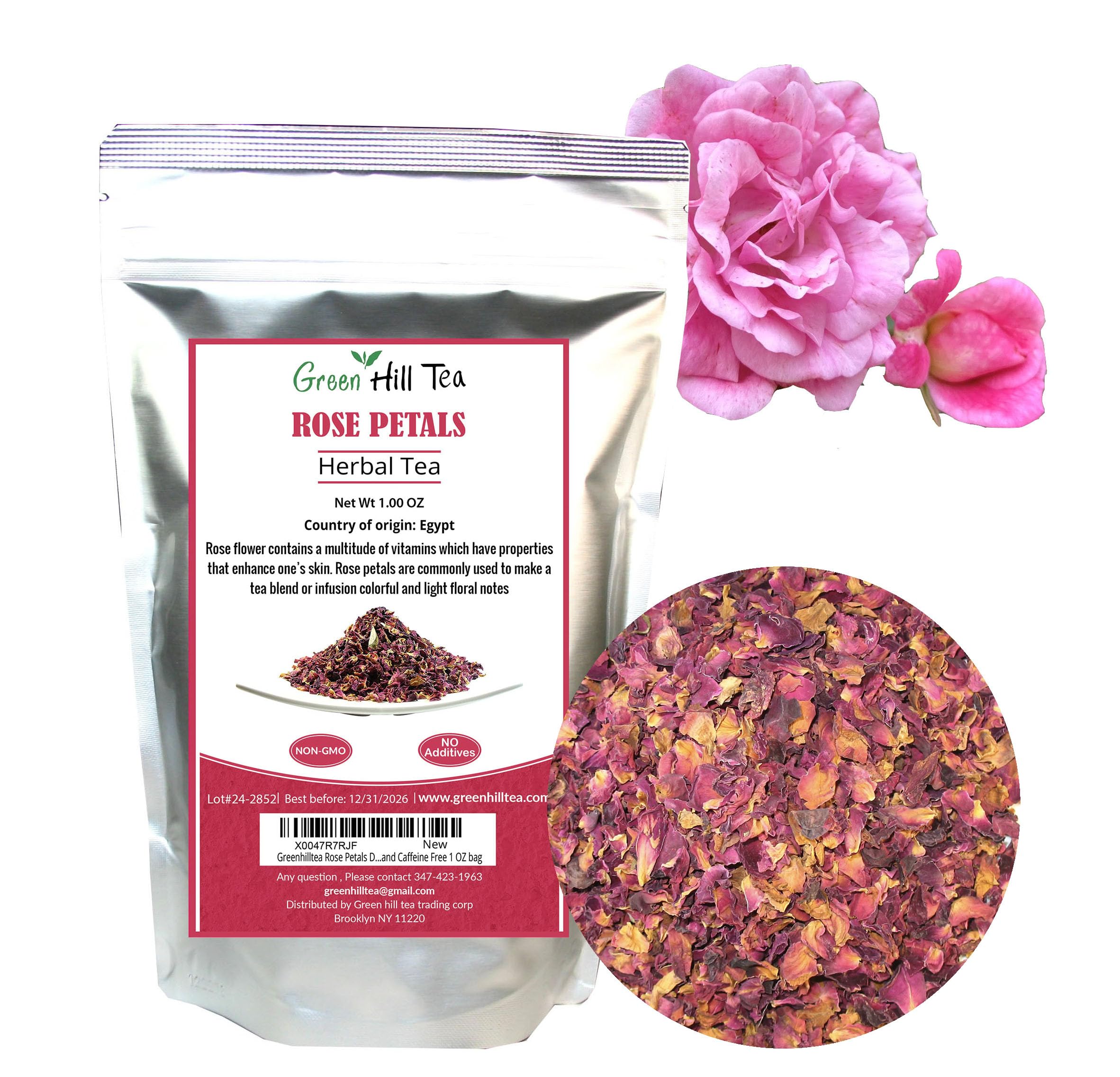 Greenhilltea rose petals in resealable 1 oz bag, ready for tea