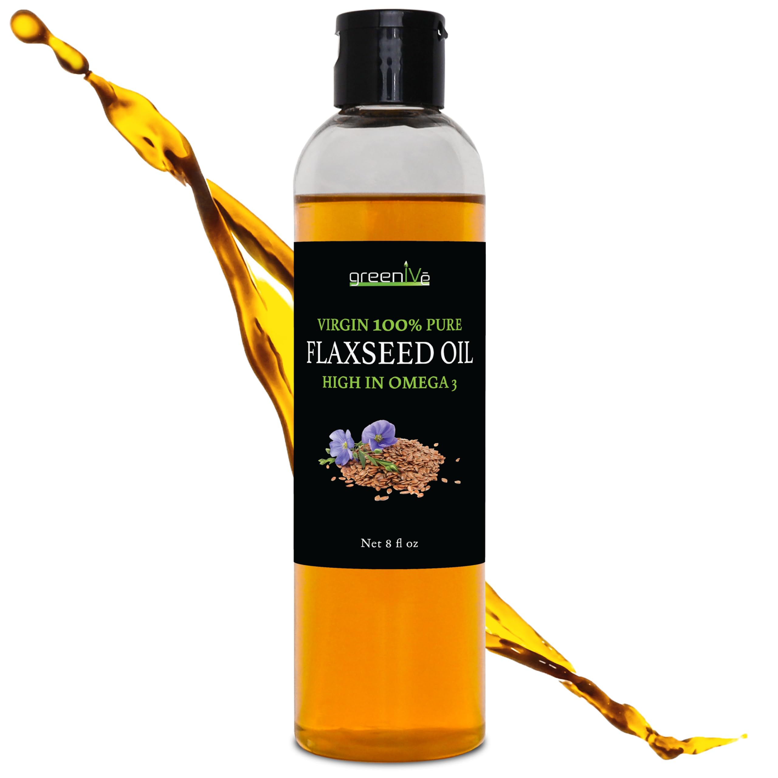 GreenIVe flax seed oil bottle closeup, ideal for daily smoothies and salads.
