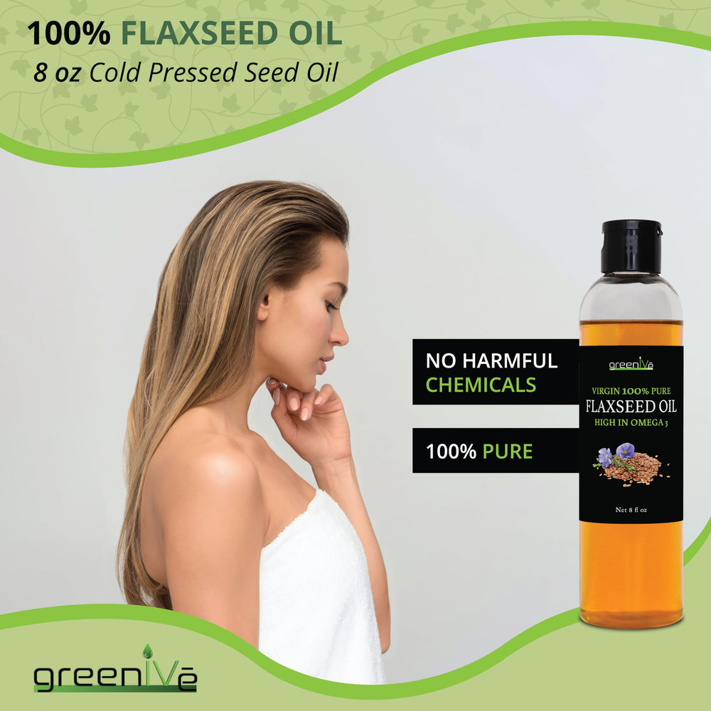 GreenIVe flax seed oil glass bottle on counter, preserves freshness and potency.