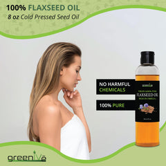 GreenIVe flax seed oil glass bottle on counter, preserves freshness and potency.