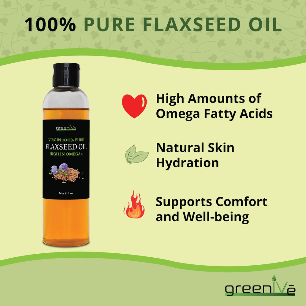 GreenIVe flax seed oil omega-visual, highlights plant-based fatty acids for vegan diets.