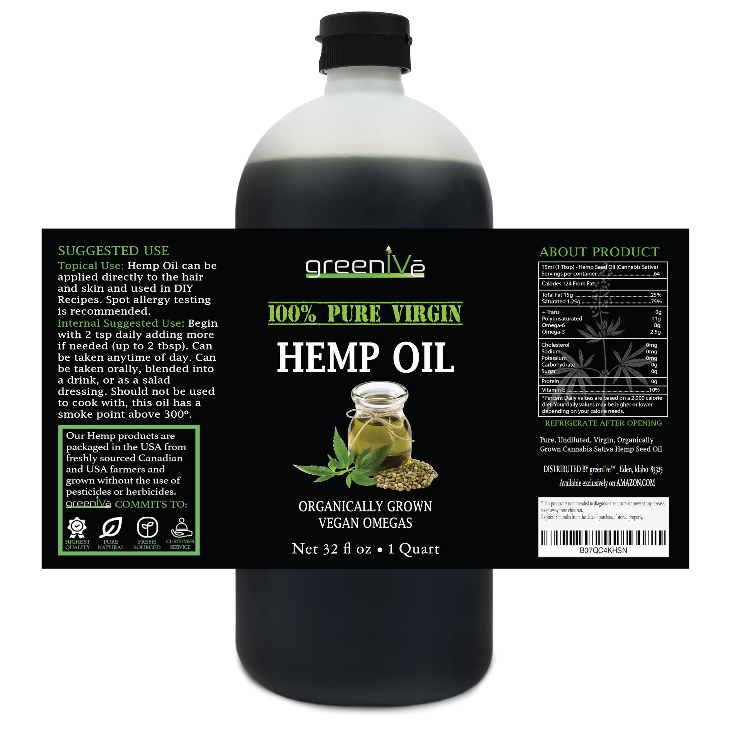 Closeup of GreenIVe Hemp Oil bottle showing purity and color