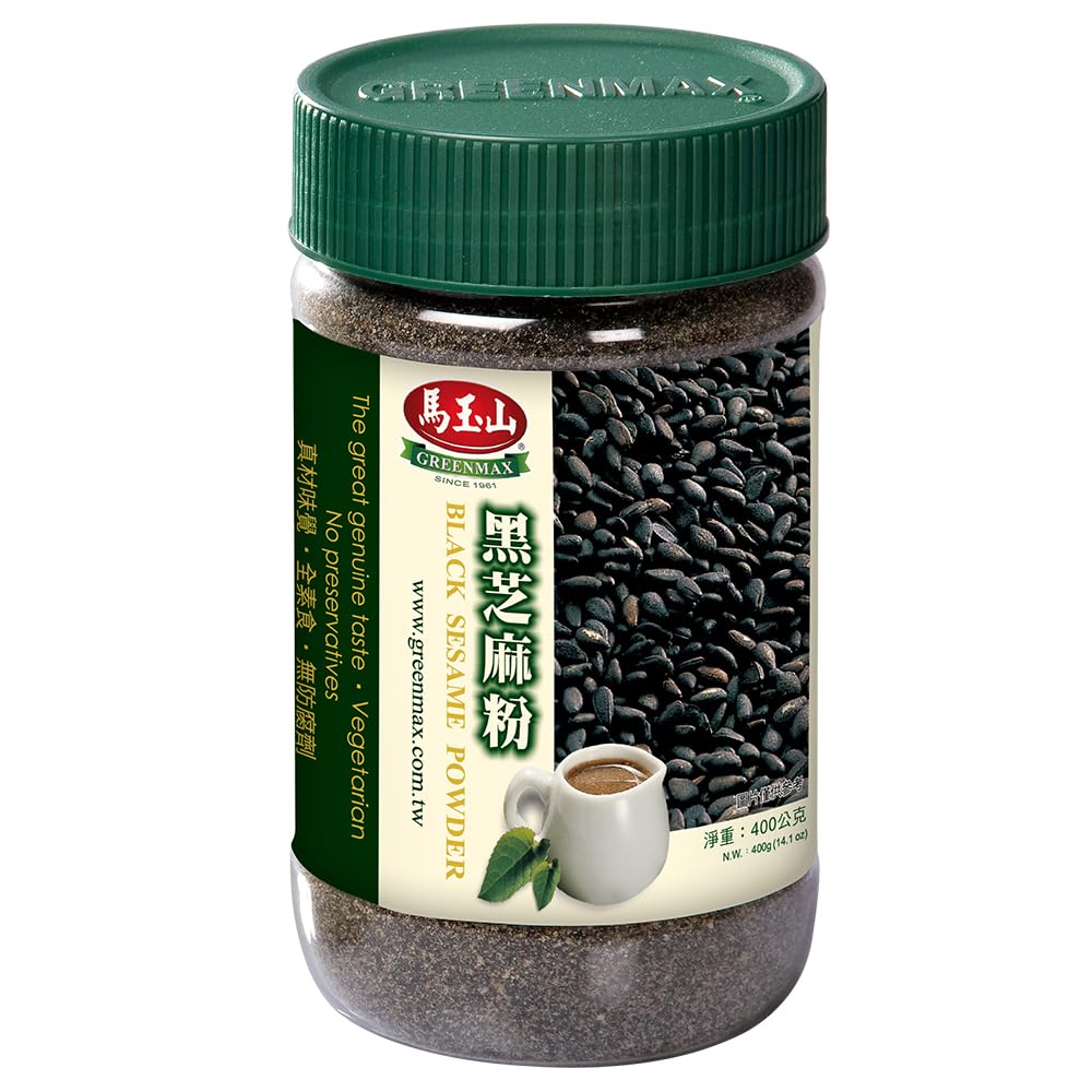 Greenmax black sesame powder in a resealable jar, ideal for smoothies and baking.