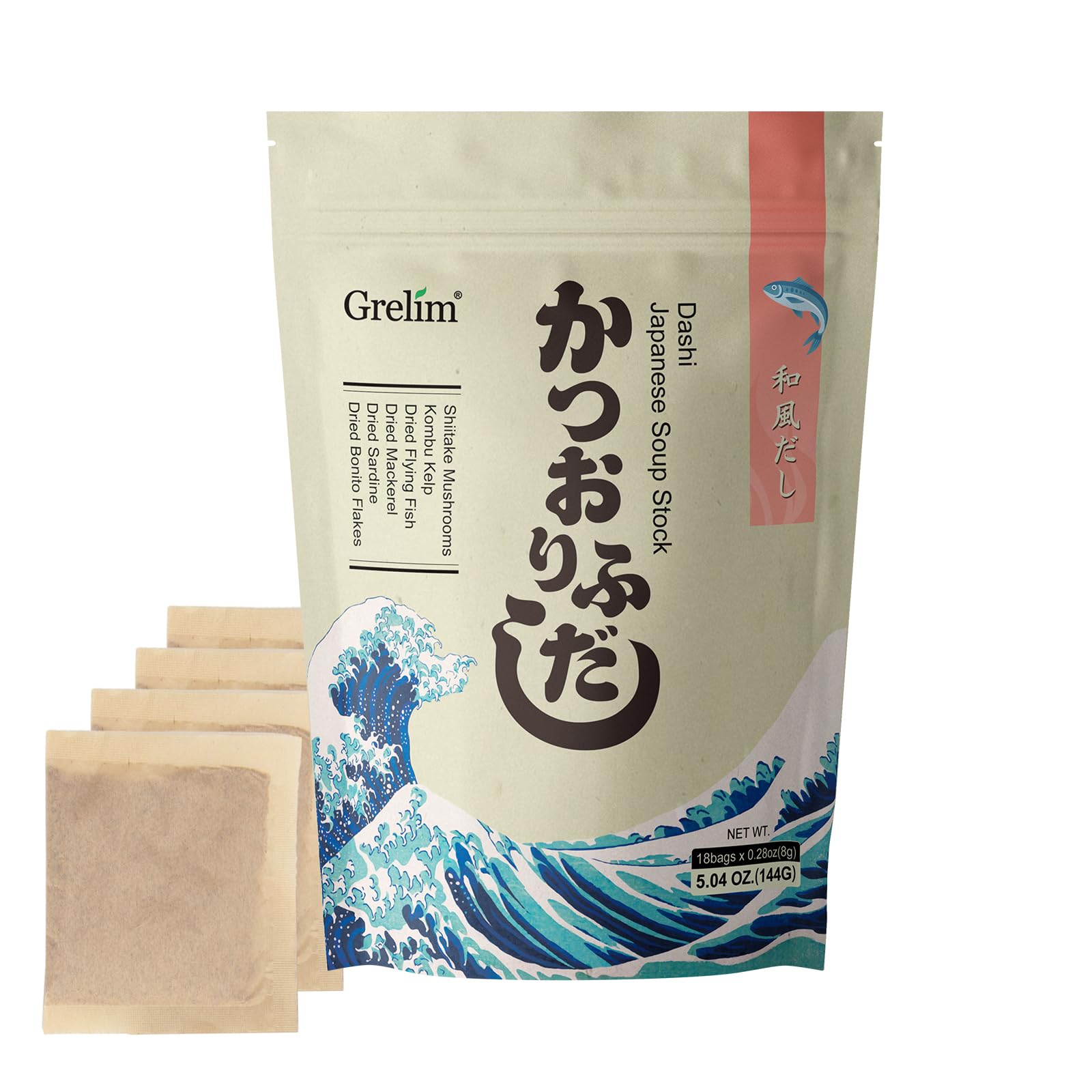 Grelim dashi stock box front: convenient base for miso and noodle soups.