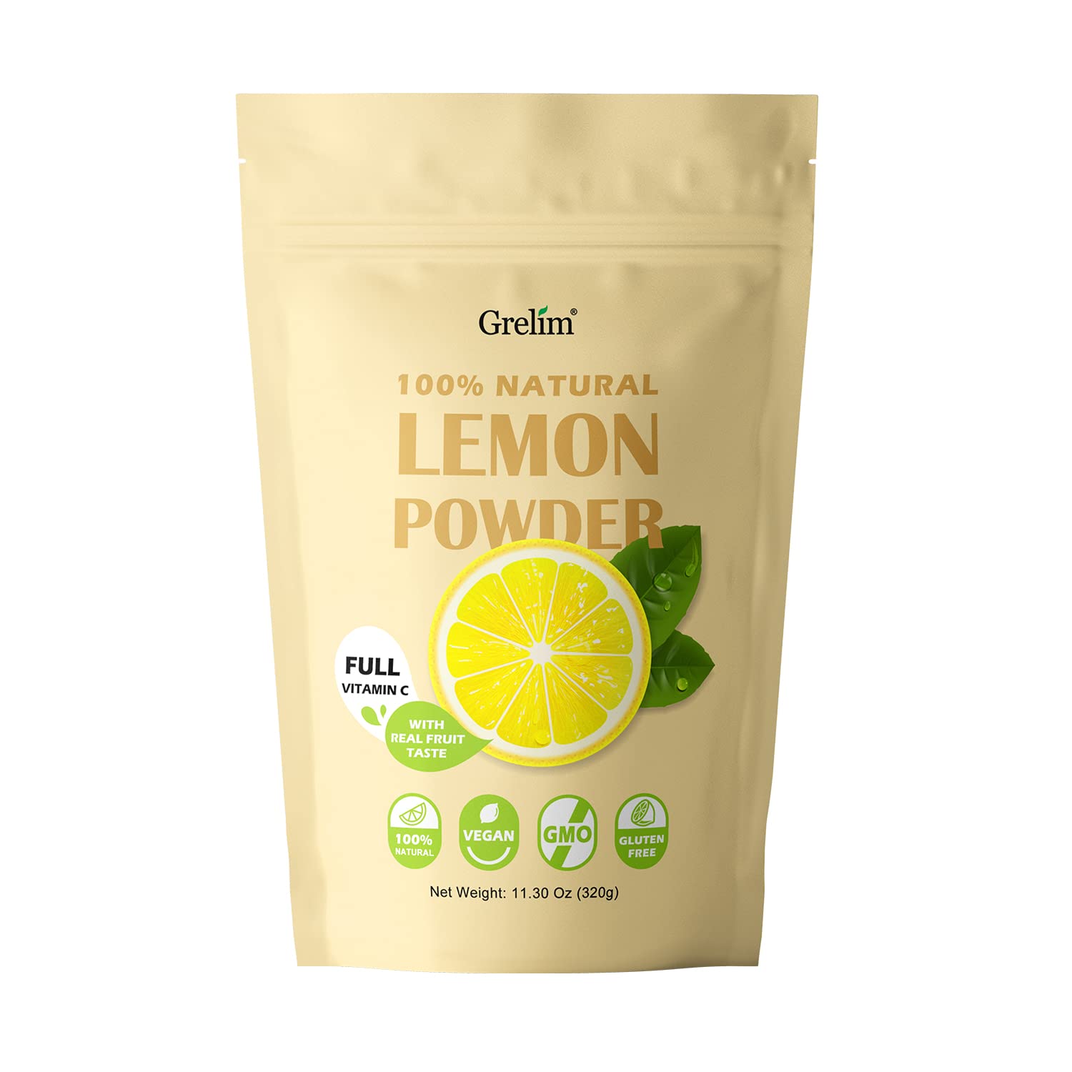 Grelim Lemon Powder bottle closeup showing bright frozen lemon flavor
