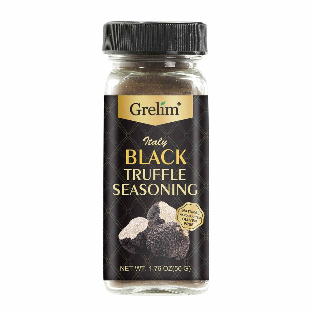 GRELIM new season black truffle powder jar closeup highlights premium Italian quality.