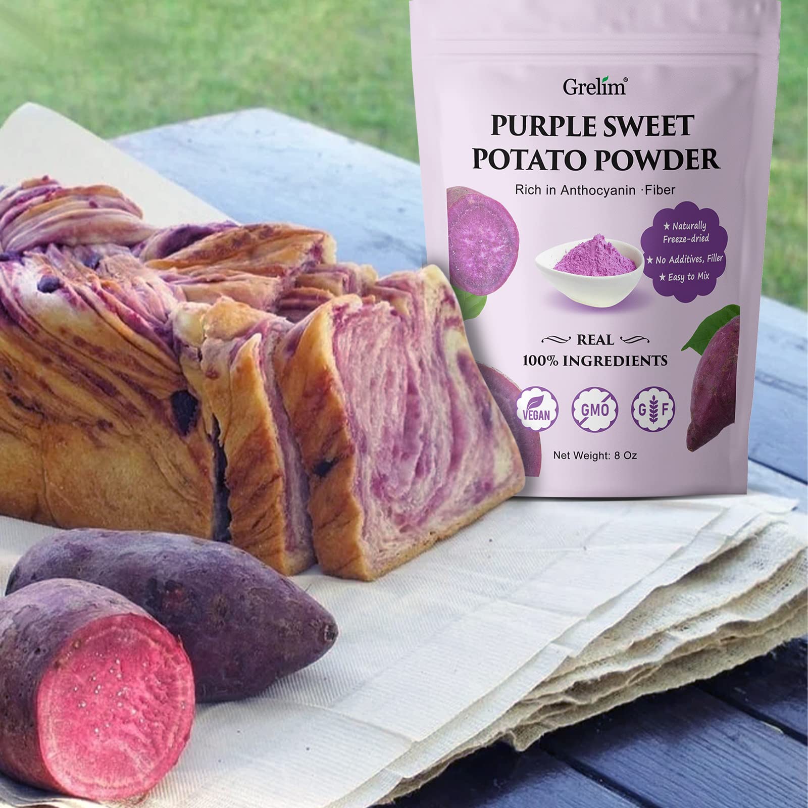 Grelim purple sweet potato powder blends into cookies and muffins.