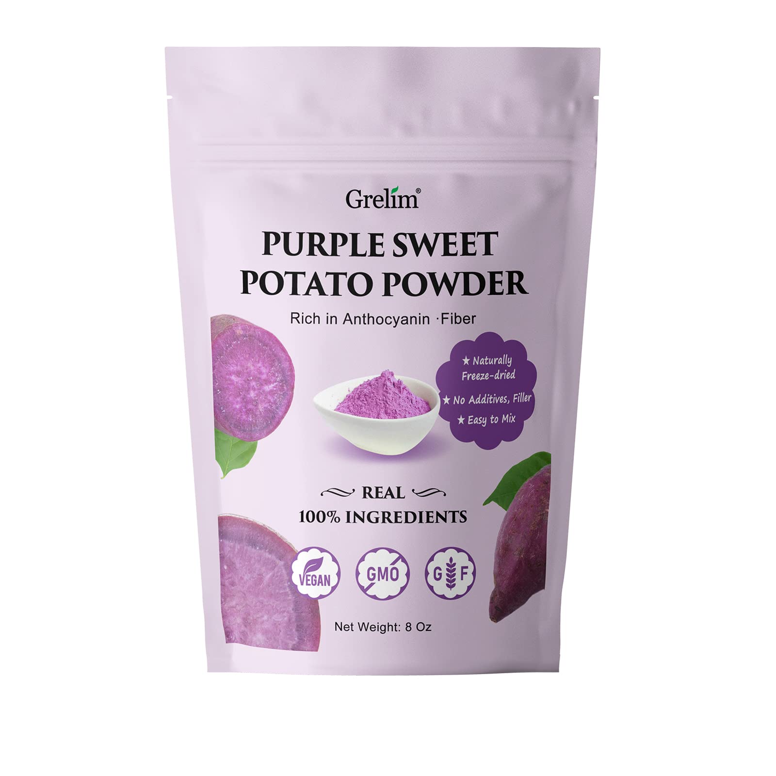 Grelim purple sweet potato powder front label shows gluten-free and vegan promise.