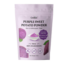 Grelim purple sweet potato powder front label shows gluten-free and vegan promise.