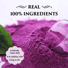 Grelim purple sweet potato powder jar with spoon over batter for baking.