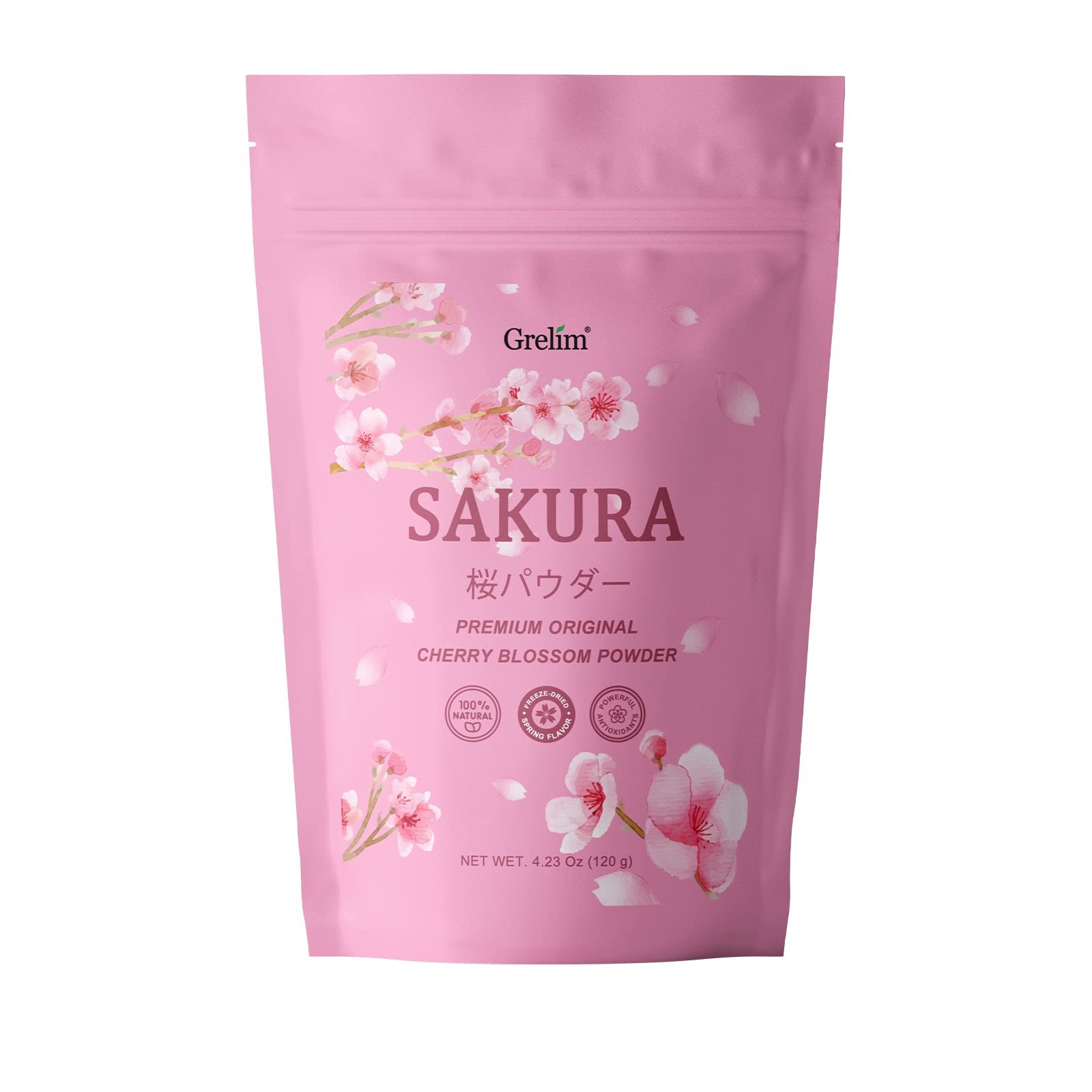 GRELIM Sakura powder bottle close-up, natural pink color for desserts