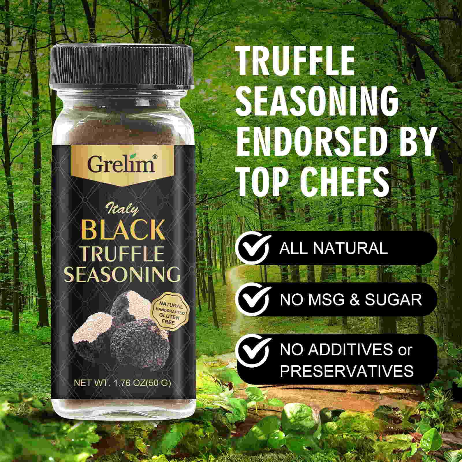GRELIM truffle seasoning jar closeup reveals speckled aroma and earthy notes.