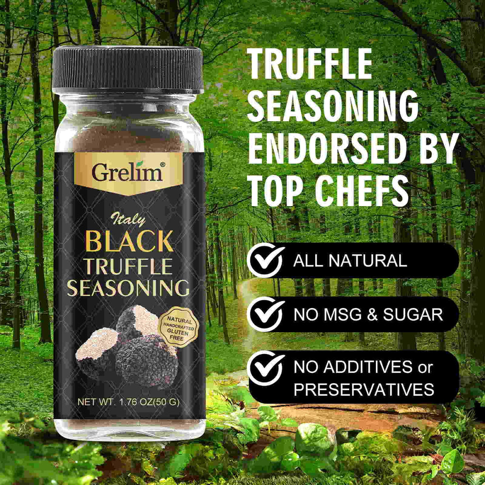 GRELIM truffle seasoning jar closeup reveals speckled aroma and earthy notes.