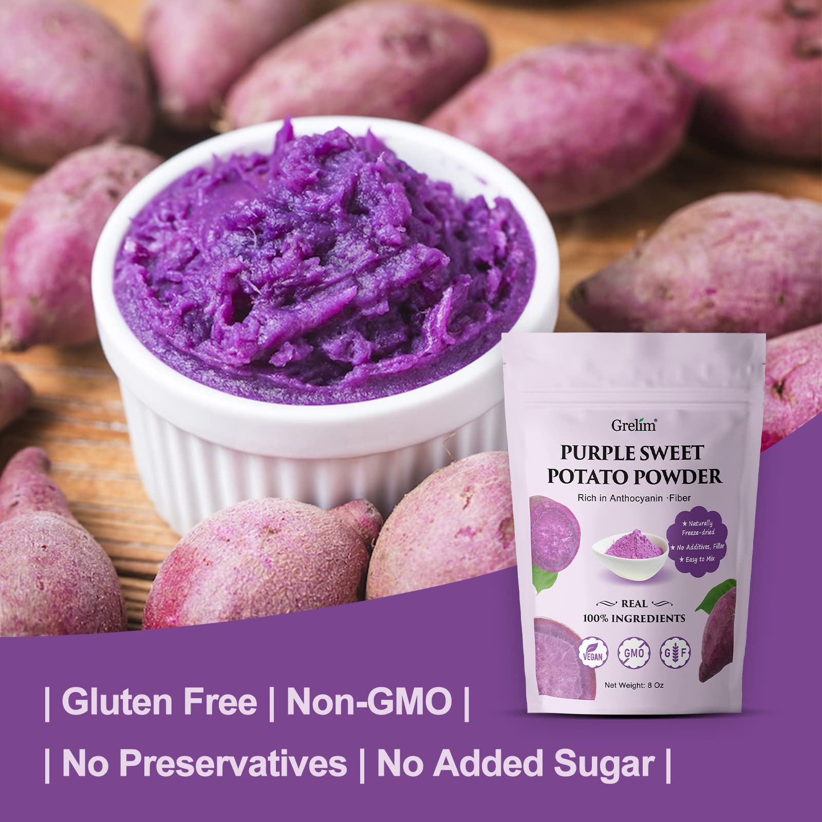 Grelim ube powder ingredients panel highlights no GMOs or additives.