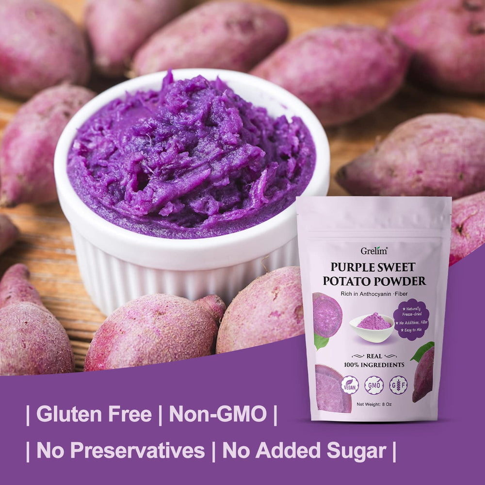 Grelim ube powder ingredients panel highlights no GMOs or additives.