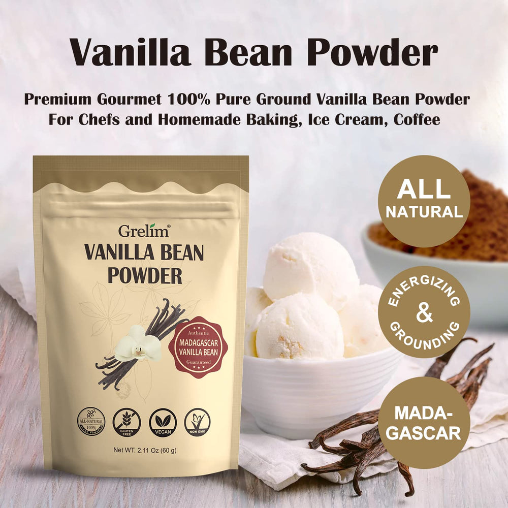 Grelim vanilla bean powder close-up, rich texture and aroma