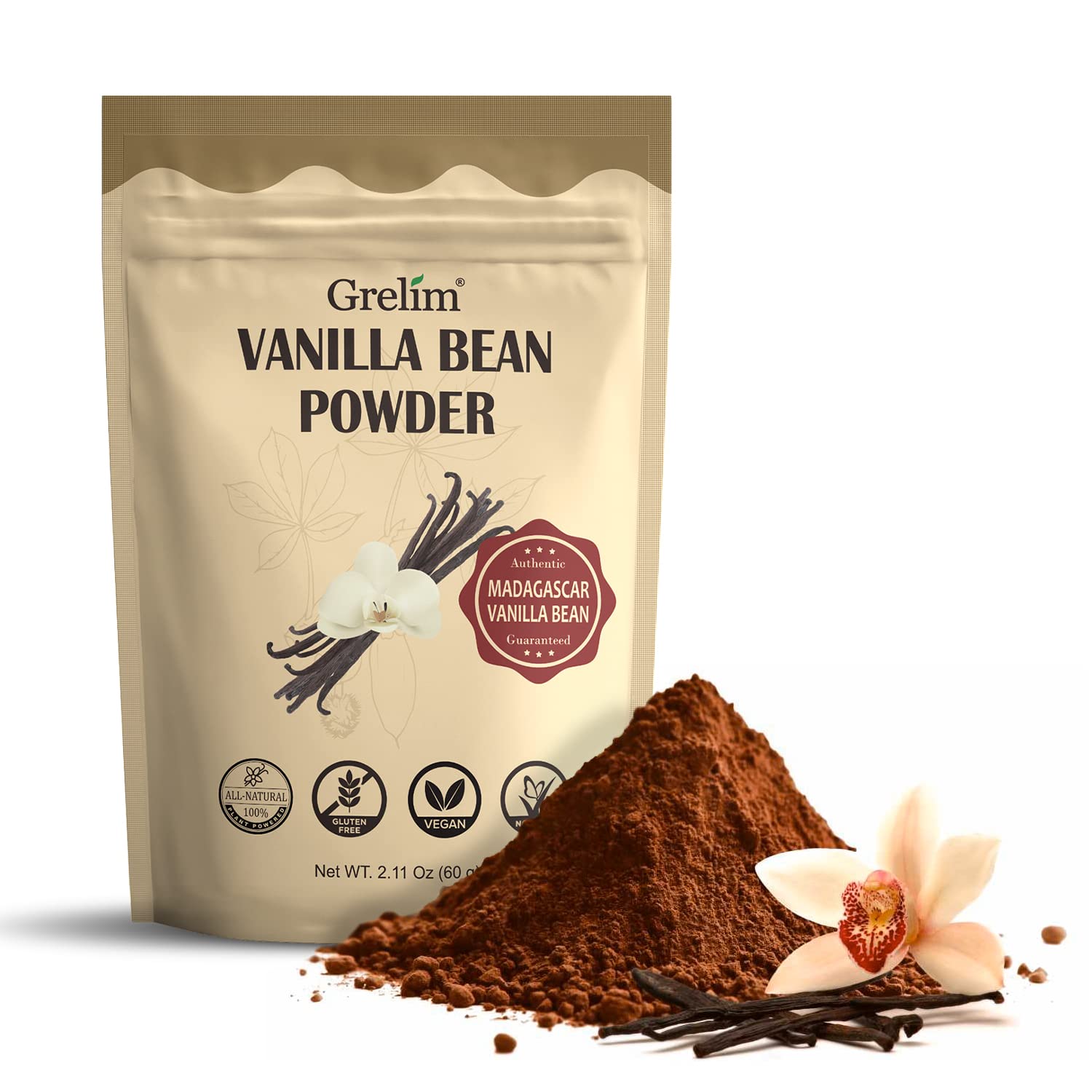 Grelim vanilla bean powder jar, premium Madagascar flavor for baking