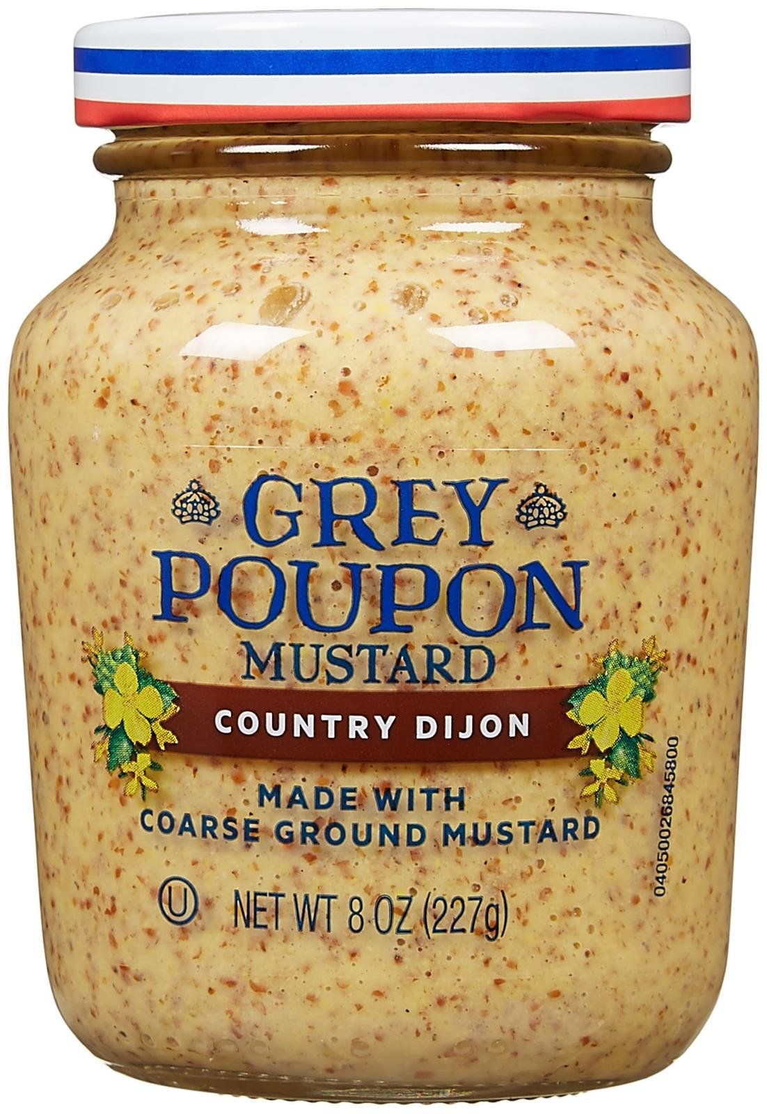 Grey Poupon Country Dijon Mustard 8oz jar, grainy texture ideal for sandwiches and sauces.