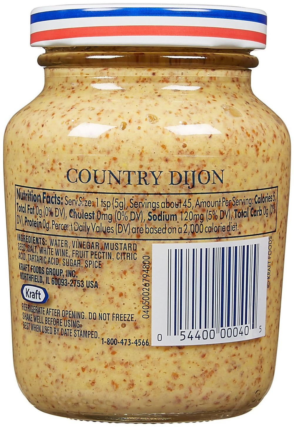 Grey Poupon Country Dijon Mustard close-up, bottle cap visible, ideal for finishing sauces.