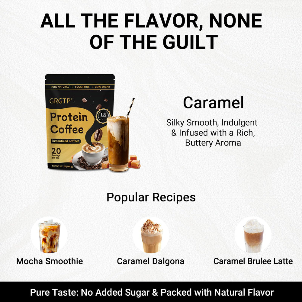 GRGTP Mocha flavor swirl highlights energizing caffeine with protein.