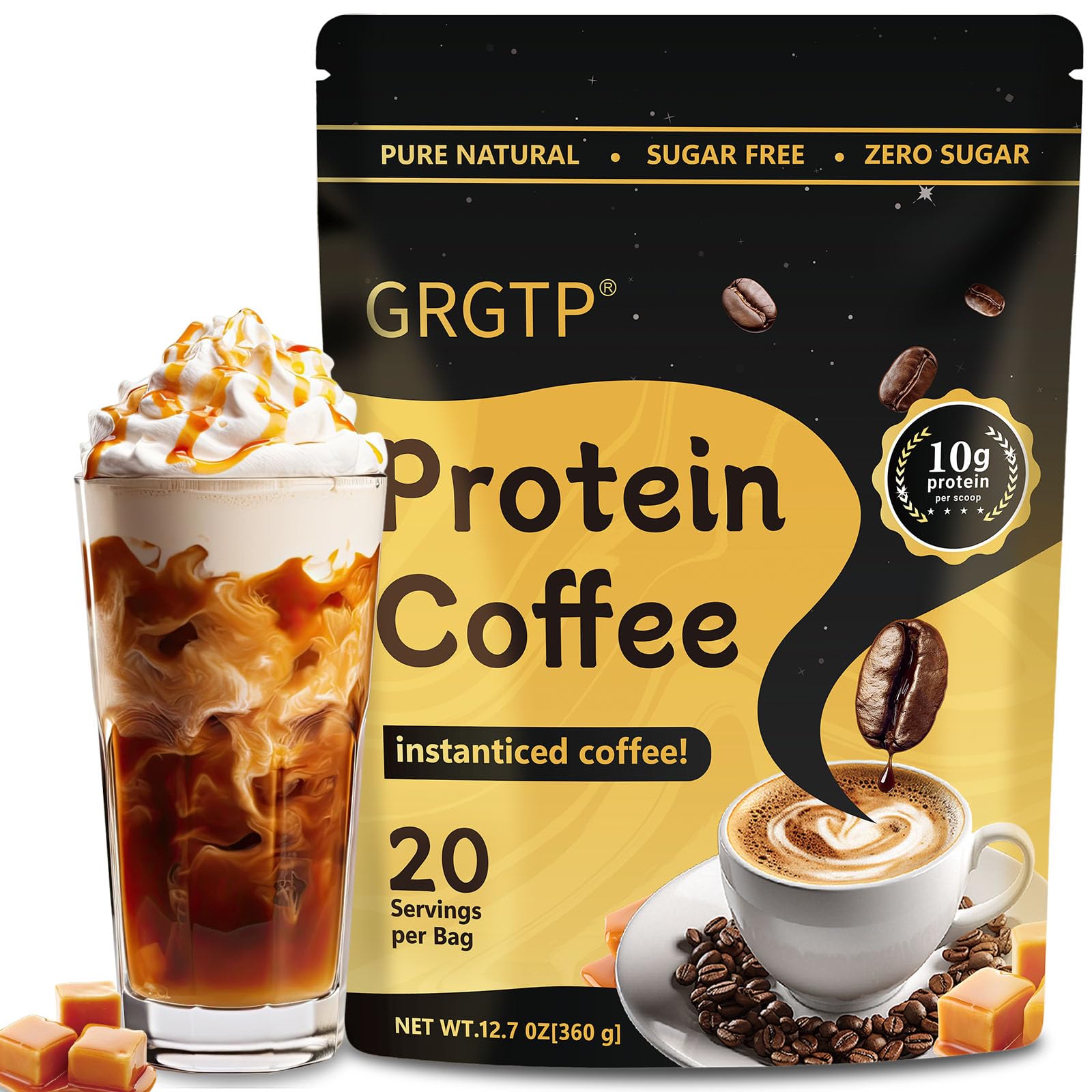 GRGTP Caramel Protein Iced Coffee packaging highlights premium ingredients for a quick energy boost.