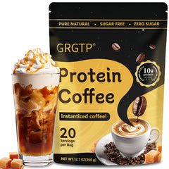 GRGTP Caramel Protein Iced Coffee packaging highlights premium ingredients for a quick energy boost.