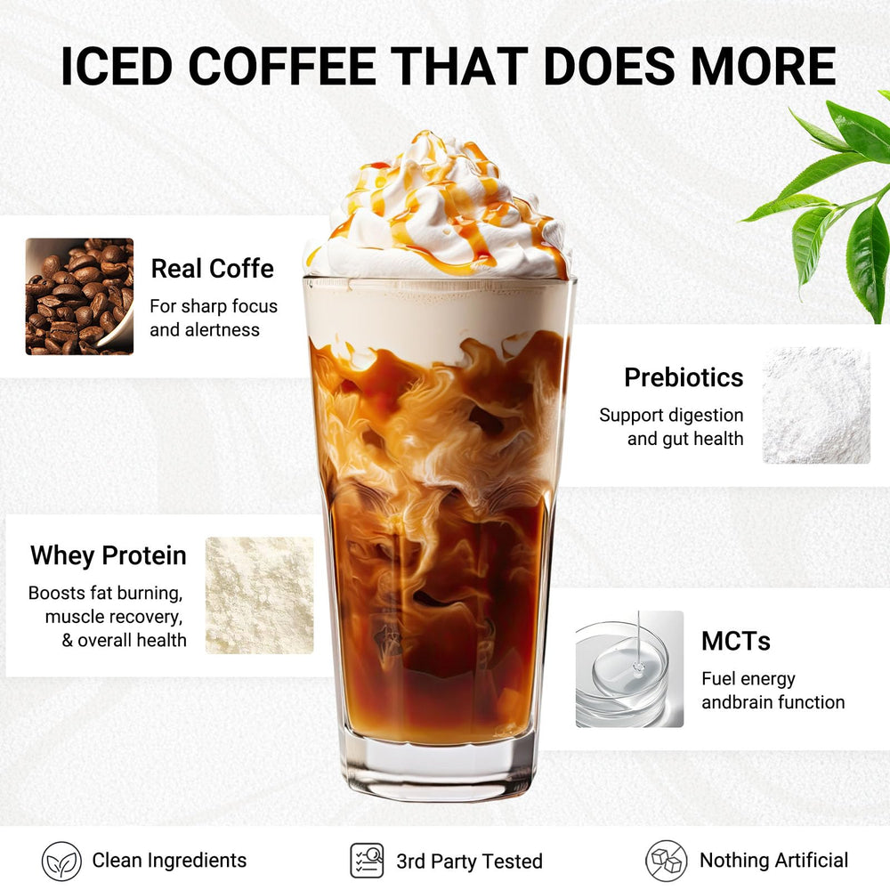 GRGTP Caramel Protein Iced Coffee powder being poured into a cup for quick mix.