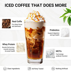 GRGTP Caramel Protein Iced Coffee powder being poured into a cup for quick mix.