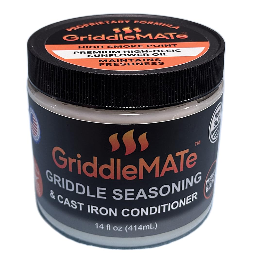 GriddleMATe seasoning bottle front highlighting premium formula for griddles and cast iron
