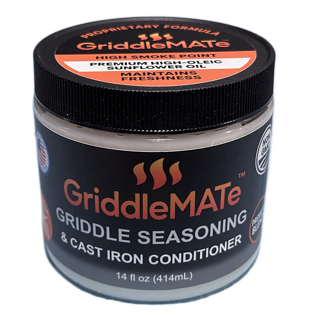 GriddleMATe seasoning bottle front highlighting premium formula for griddles and cast iron