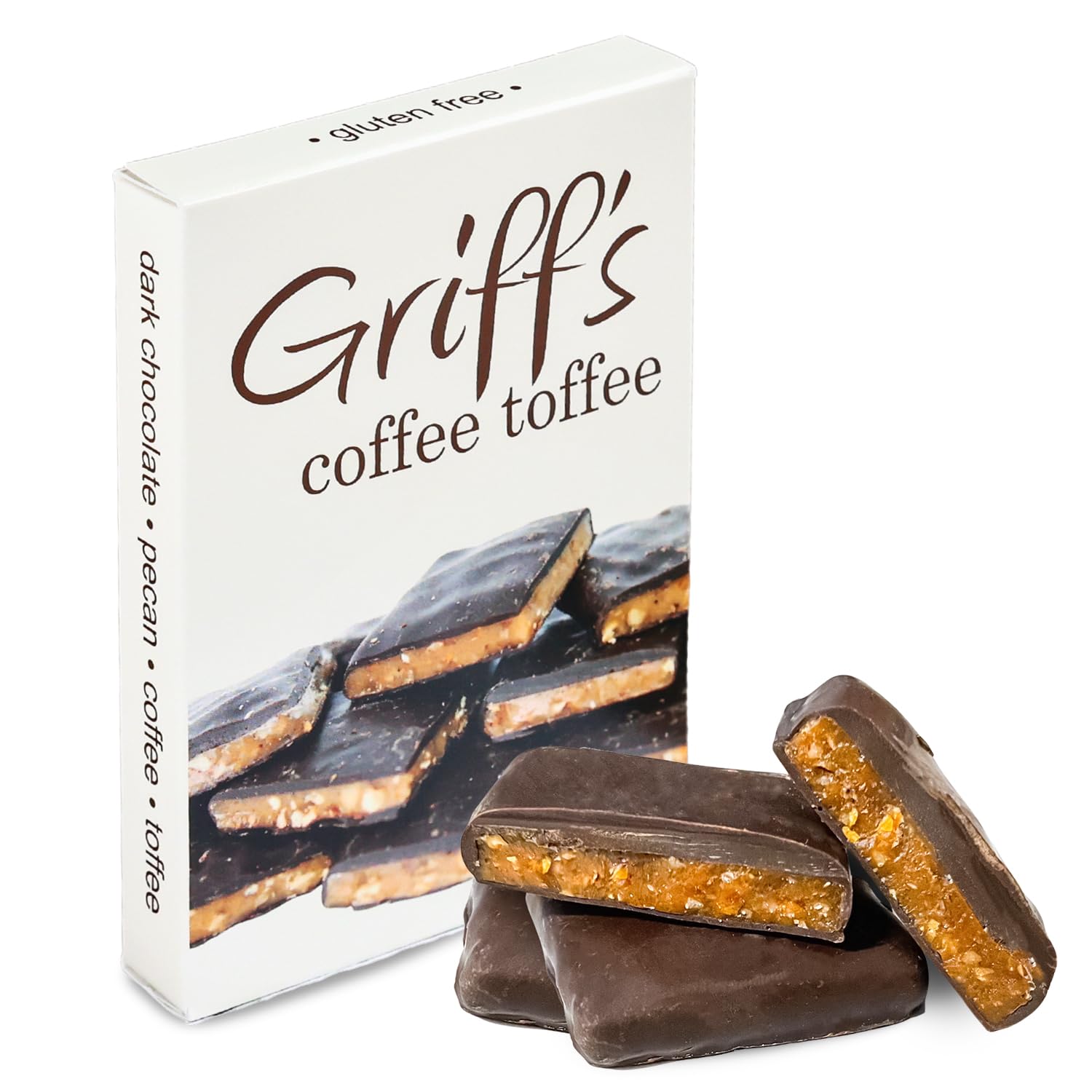 Griff's Coffee Toffee dark chocolate square on wood, rich coffee flavor.