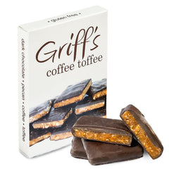 Griff's Coffee Toffee dark chocolate square on wood, rich coffee flavor.