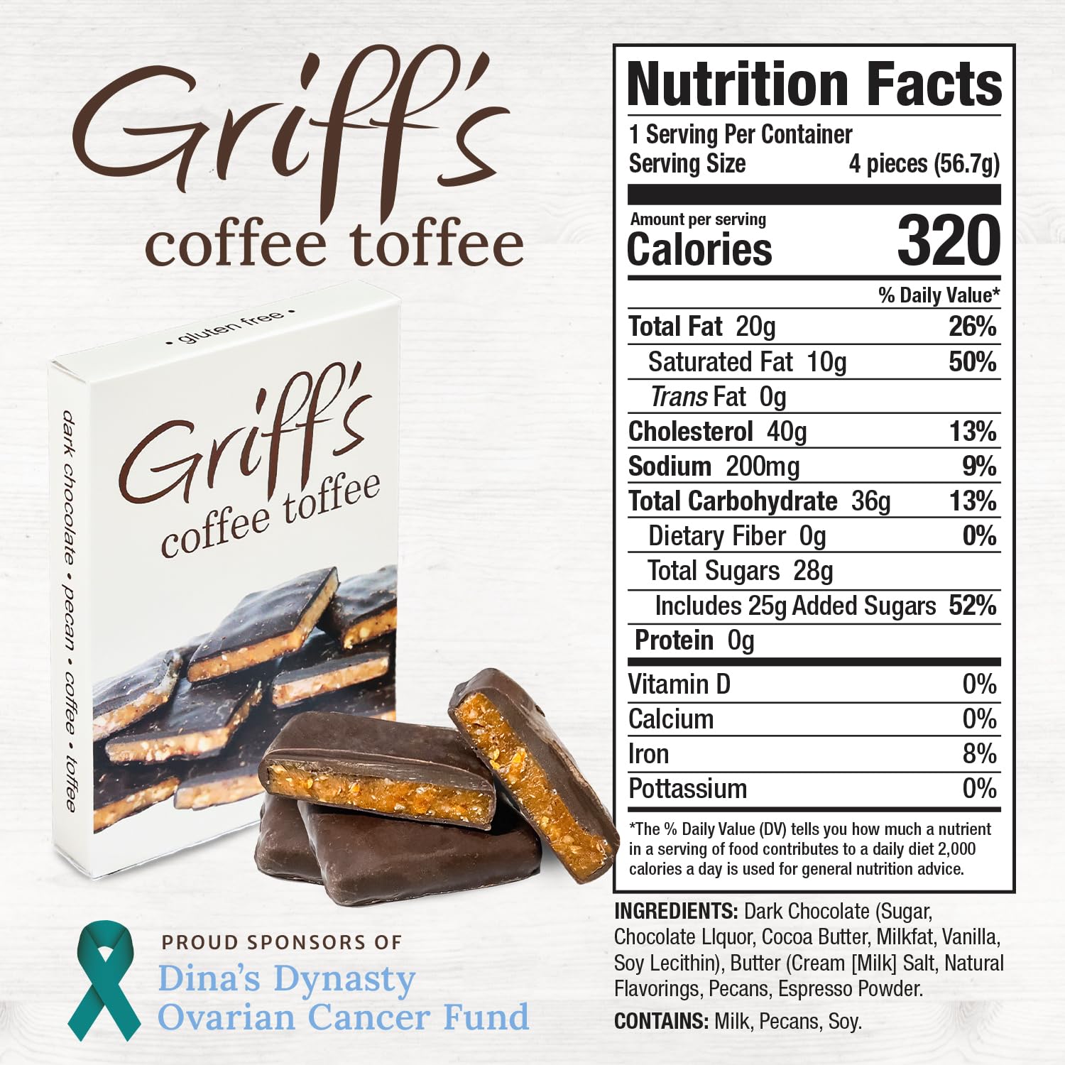 Griff's Coffee Toffee dark chocolate square top view, glossy coating.
