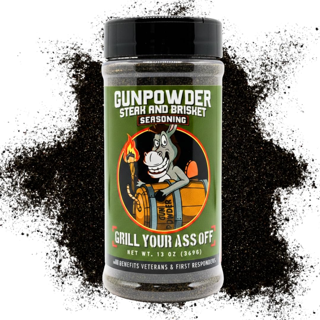 Grill Your Ass Off Gunpowder Seasoning front label highlighting bold flavor for beef and chicken.