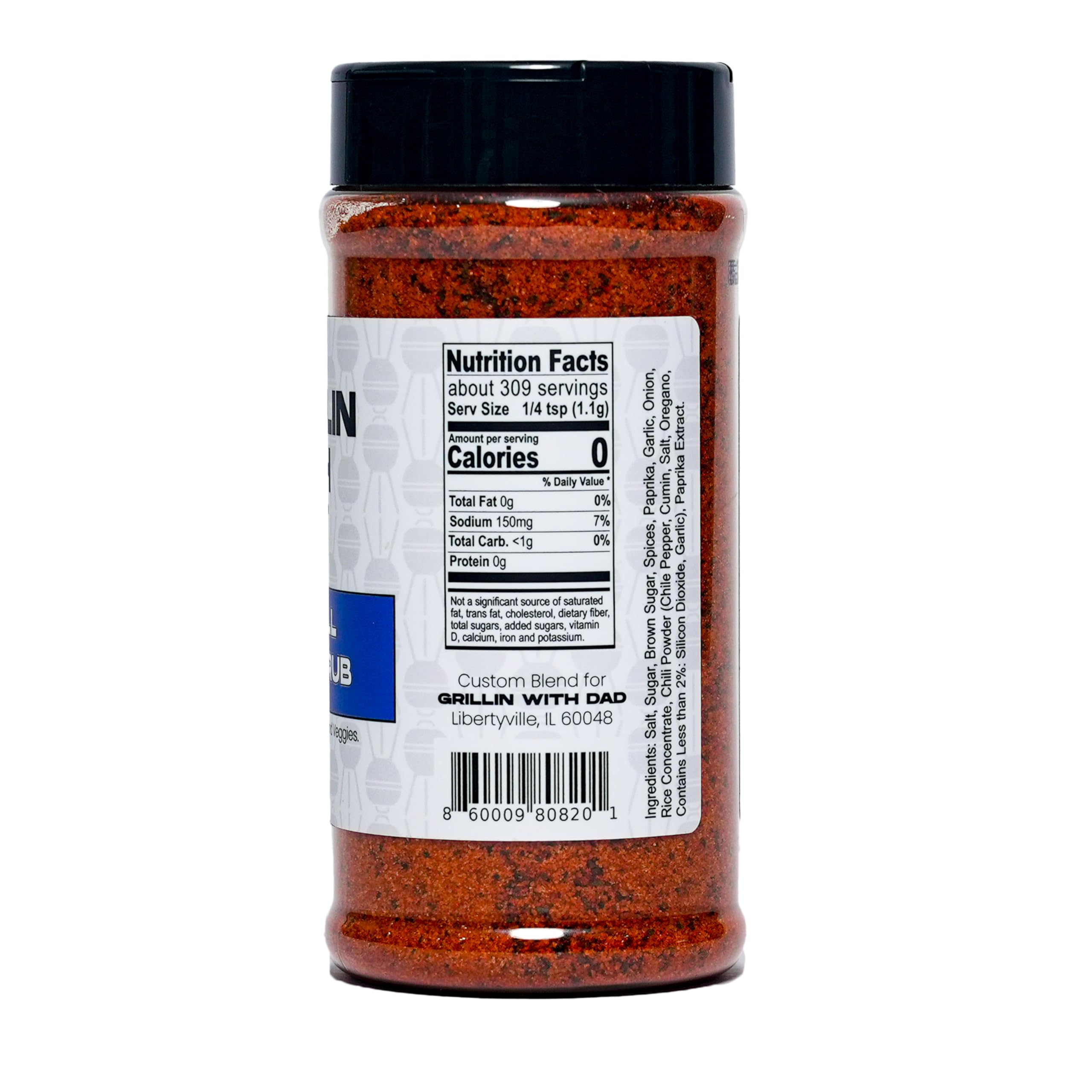 Grillin With Dad All Purpose Rub bottle back highlighting ingredients and USA-made quality