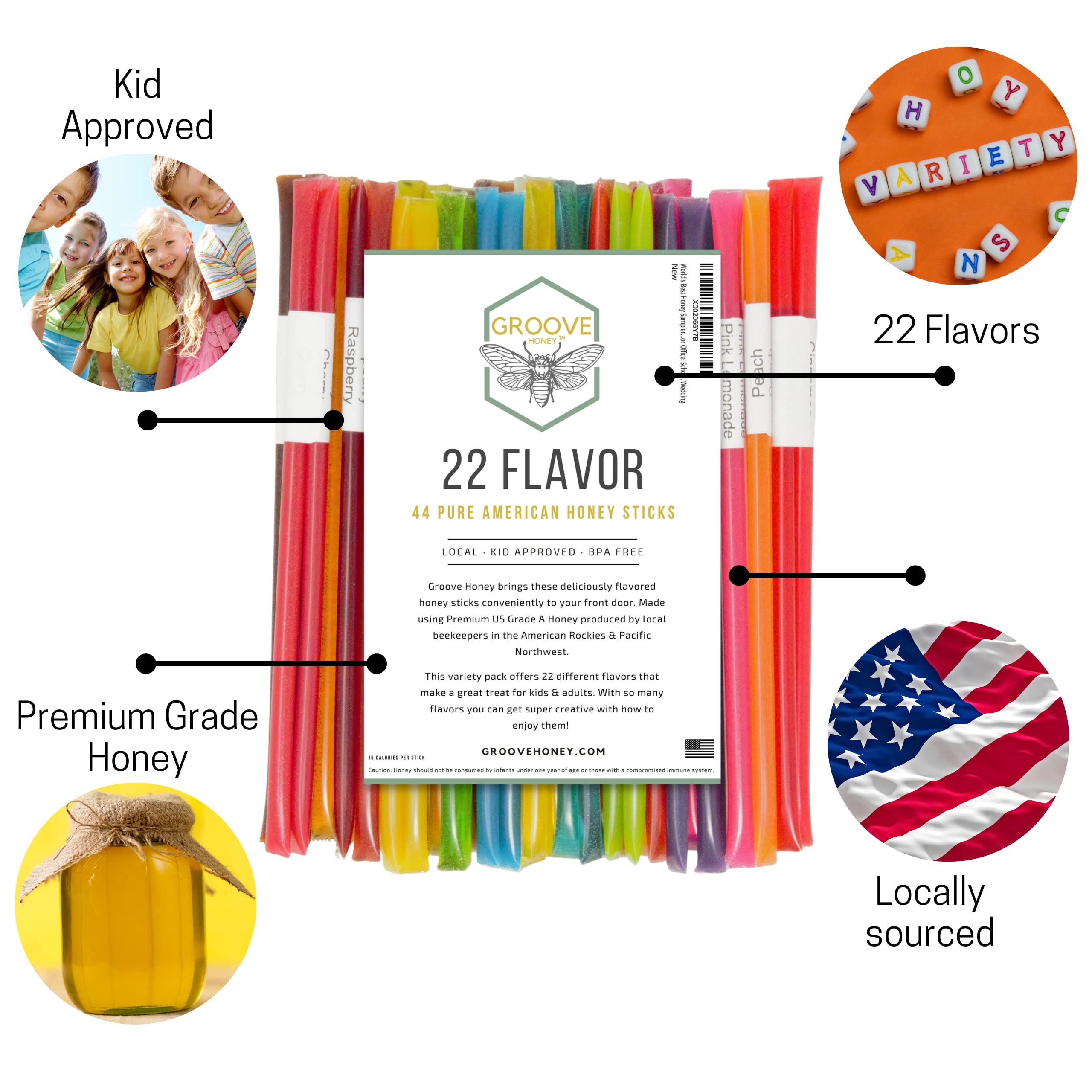 Groove Honey 22-flavor variety, labels help mix-and-match for tea time.