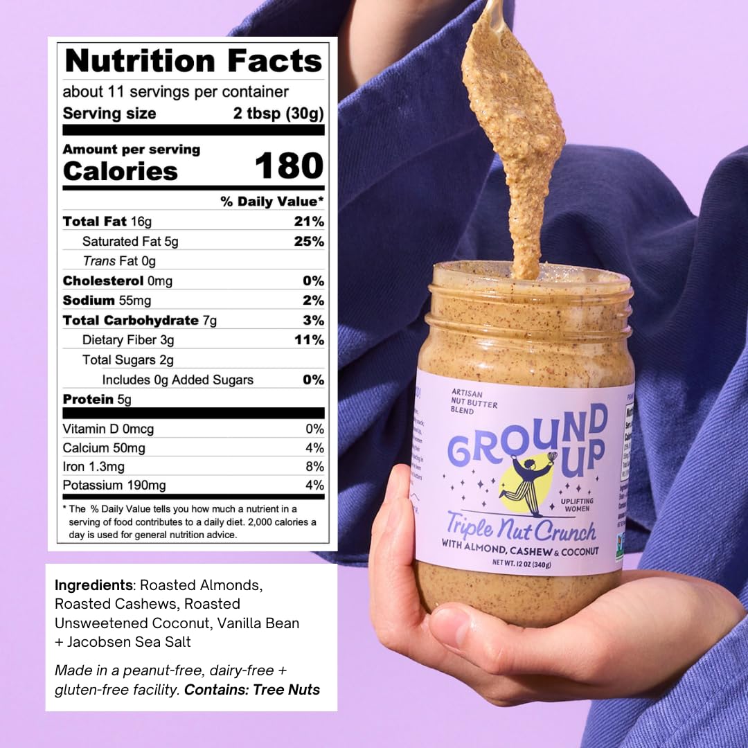 Ground Up triple nut crunch butter close-up shows creamy texture for easy spreading