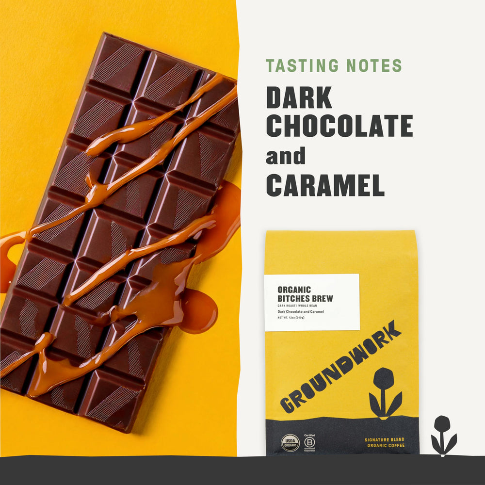Groundwork B*tches Brew signature blend close-up showing rich chocolate and caramel notes