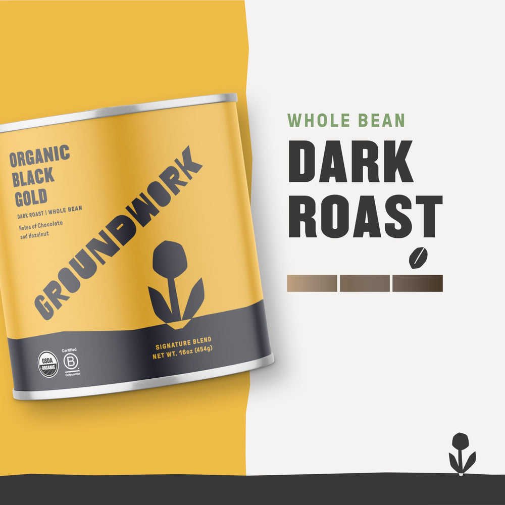Groundwork Black Gold 16 oz can, certified organic and ethically sourced for bold mornings.