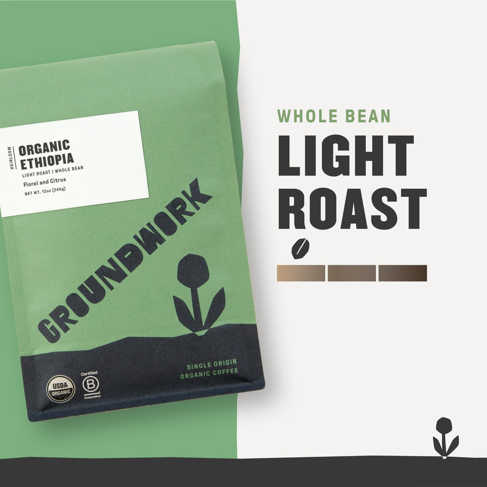 Groundwork Ethiopia Organic 12oz kitchen counter image shows ready-to-brew beans.