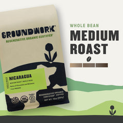 Groundwork coffee label closeup highlighting regenerative organic certification and sustainable sourcing.