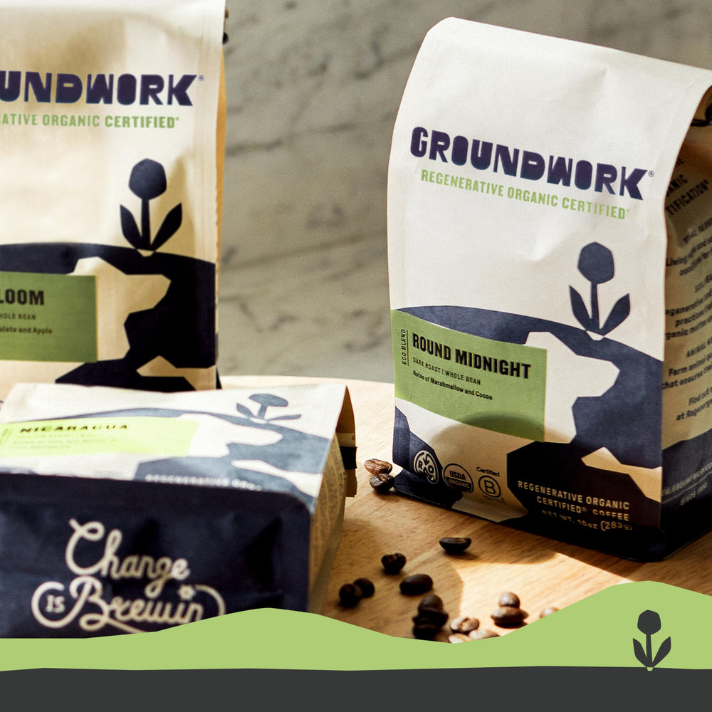 Groundwork Coffee packaging close-up highlighting premium ingredients and careful sourcing.