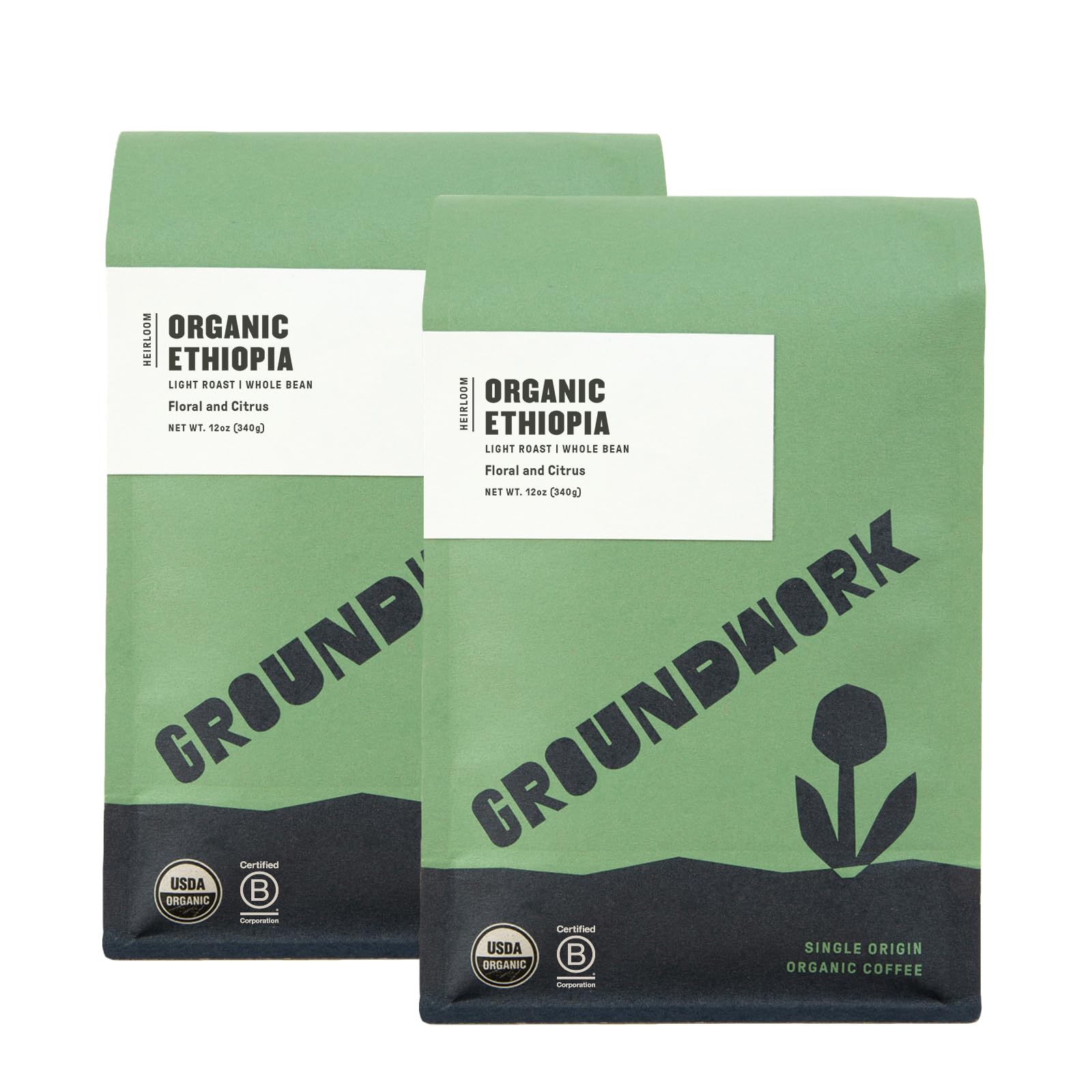 Groundwork Ethiopia Heirloom Blend bag front with organic and single origin branding