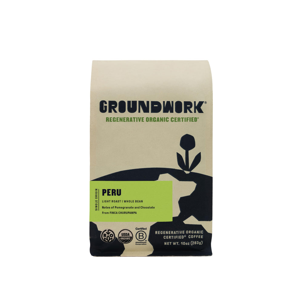 Groundwork Peru whole bean coffee 10 oz ready for grinding and brewing