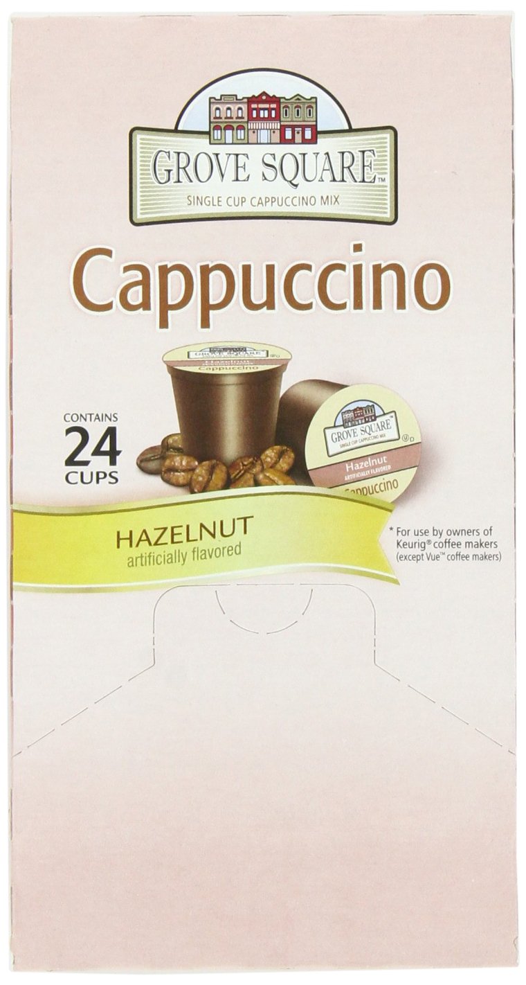 Grove Square Cappuccino Hazelnut cups show hazelnut swirls in cup
