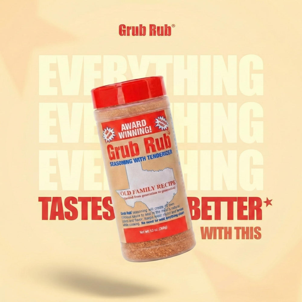 Grub Rub dry and wet rub application on meat to boost flavor.