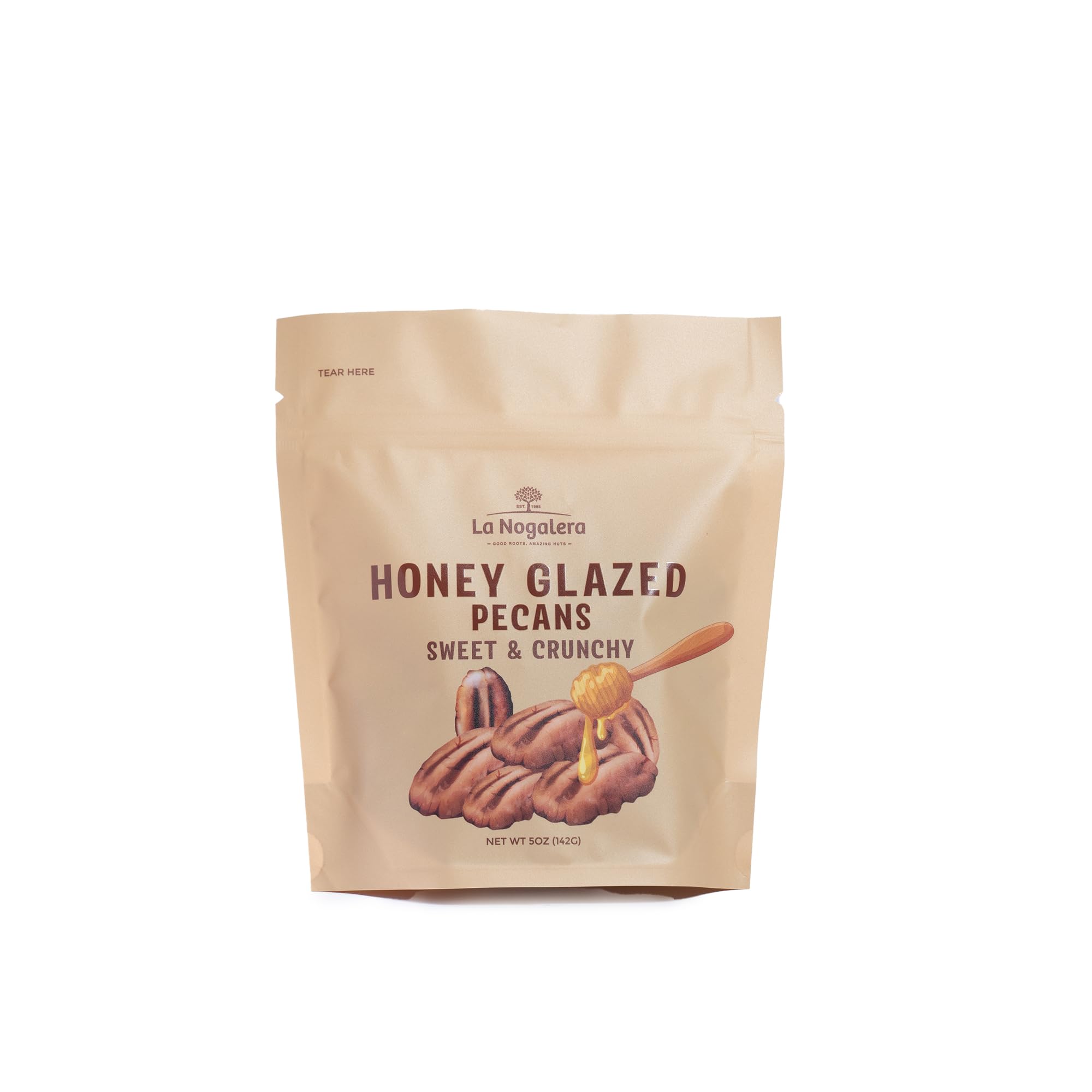 Grupo La Nogalera honey glazed pecans in a 5oz bag for on the go crunch.