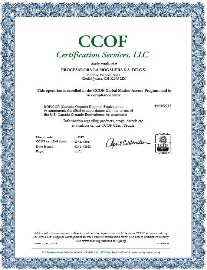 Grupo La Nogalera organic label signals certified organic pecans.