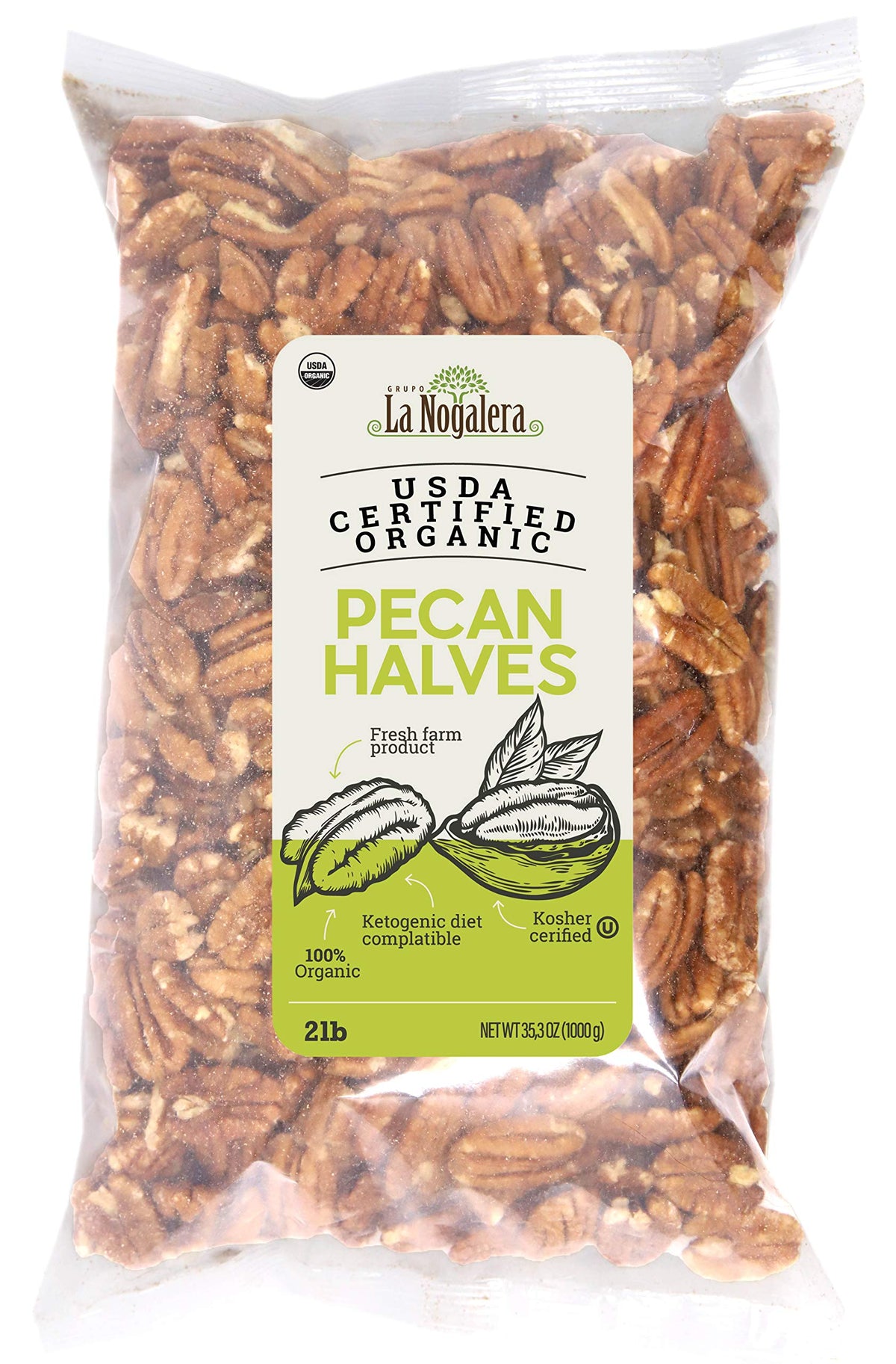 Grupo La Nogalera pecan halves 2lb bag showcases ready-to-use organic nuts for baking.